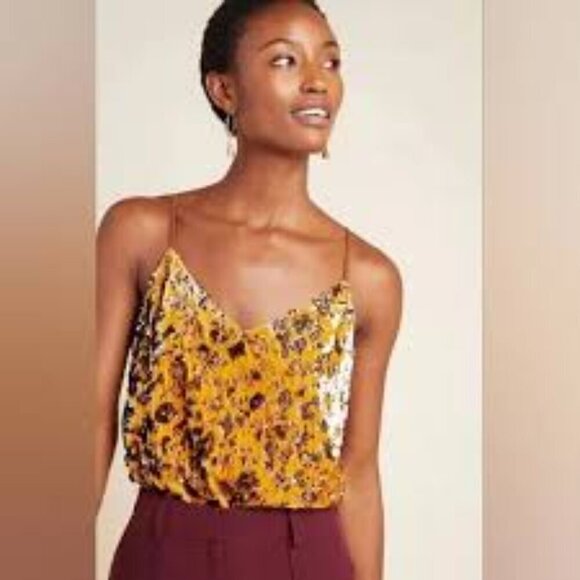 Ro&De by Anthropologie Velvet & Sequin Spaghetti Strap Dark Yellow Top - Picture 1 of 5